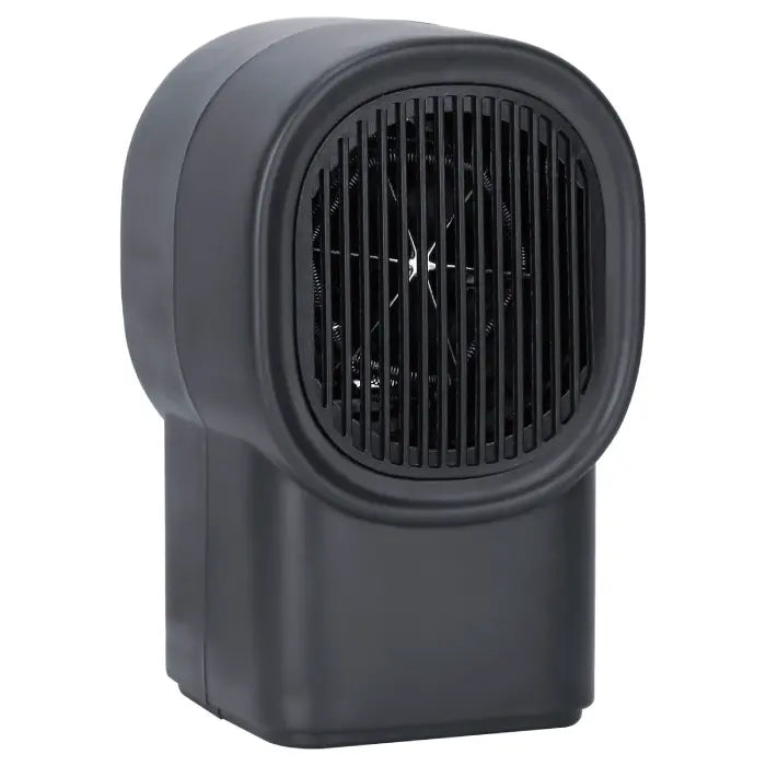 Desktop electric heater close-up side angle showing black body and heating vents.