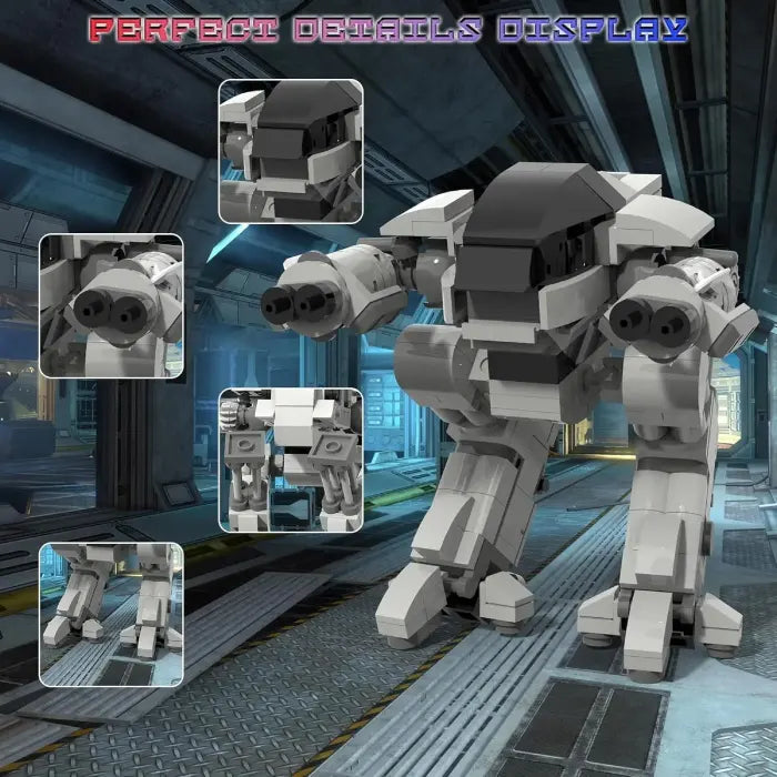 Close-up views of a gray robot STEM toy, highlighting detailed features in a futuristic industrial setting.