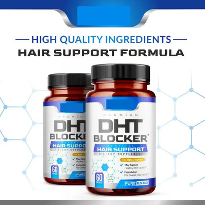 Two bottles of DHT Blocker premium hair support supplement with 60 capsules, promoting healthy hair growth.