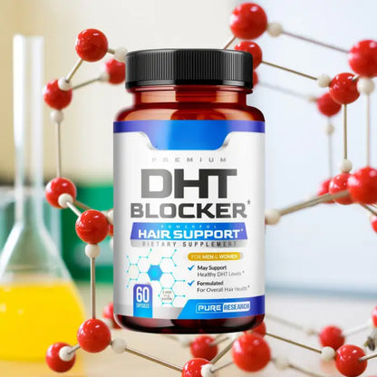 A bottle of DHT Blocker dietary supplement for hair support, placed in a science-themed setting with molecular structures.