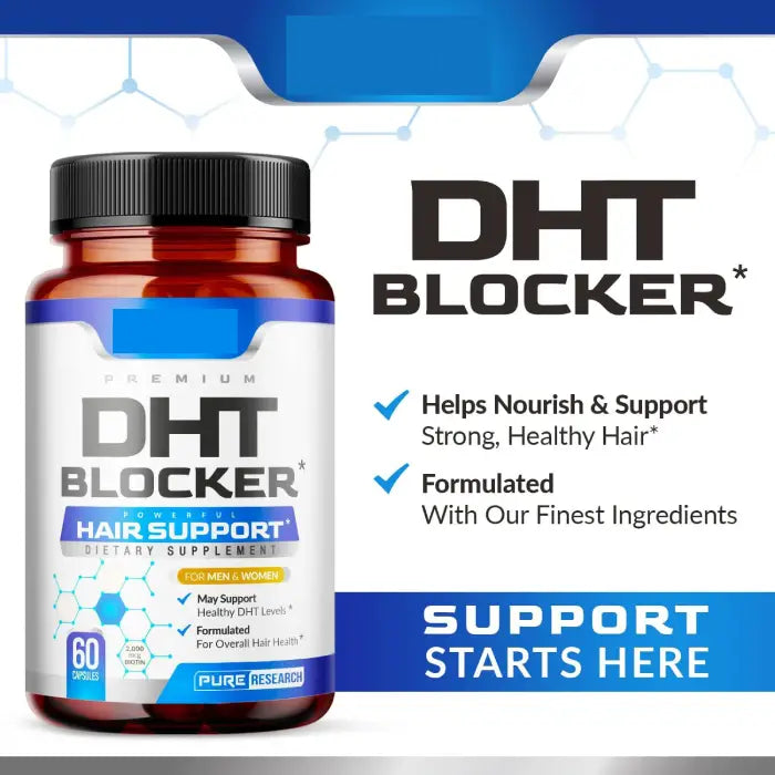 DHT Blocker hair support supplement bottle with product benefits highlighted, including nourishing strong, healthy hair and finest ingredients formulation.