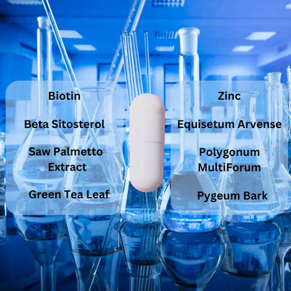  Key ingredients of the DHT Blocker supplement, including biotin, zinc, and green tea leaf, displayed in a lab setting.