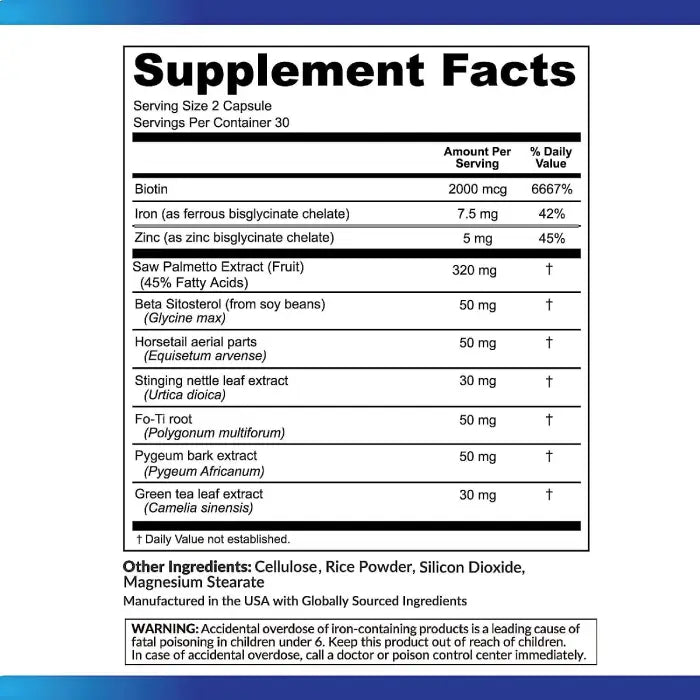 Supplement facts label of the DHT Blocker, detailing ingredients like biotin, zinc, and saw palmetto extract.