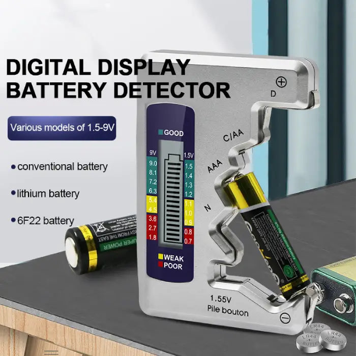 Digital battery tester with a multi-color display checking an AAA battery, compatible with 1.5V to 9V batteries.