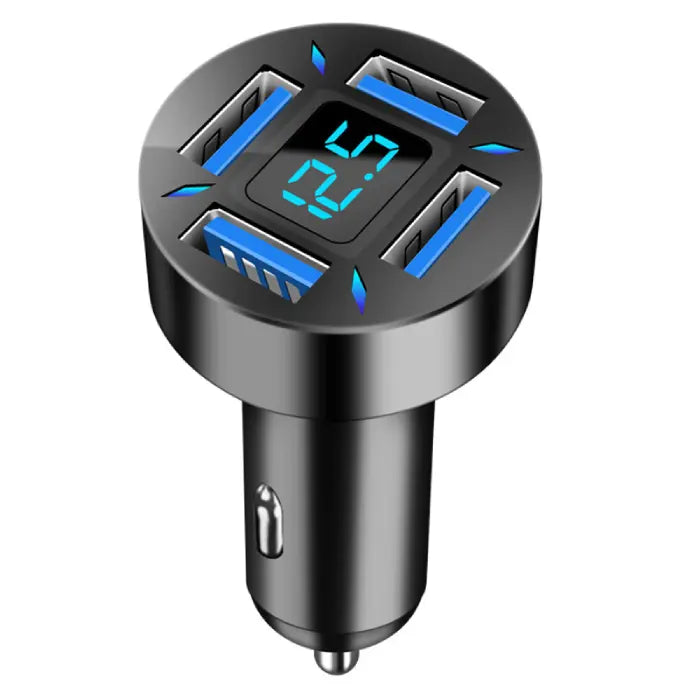 Circular car charger with digital display showing 12.0V, multiple illuminated USB ports, and sleek black design