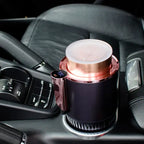 Car Heating Cooling Cup Holder heating beverage in luxury car with digital temperature screen visible.