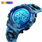 Digital wristwatch in blue camouflage shown from side angle with bright LED display
