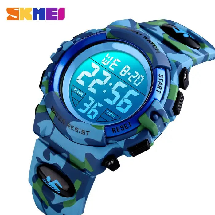 Digital wristwatch in blue camouflage shown from side angle with bright LED display