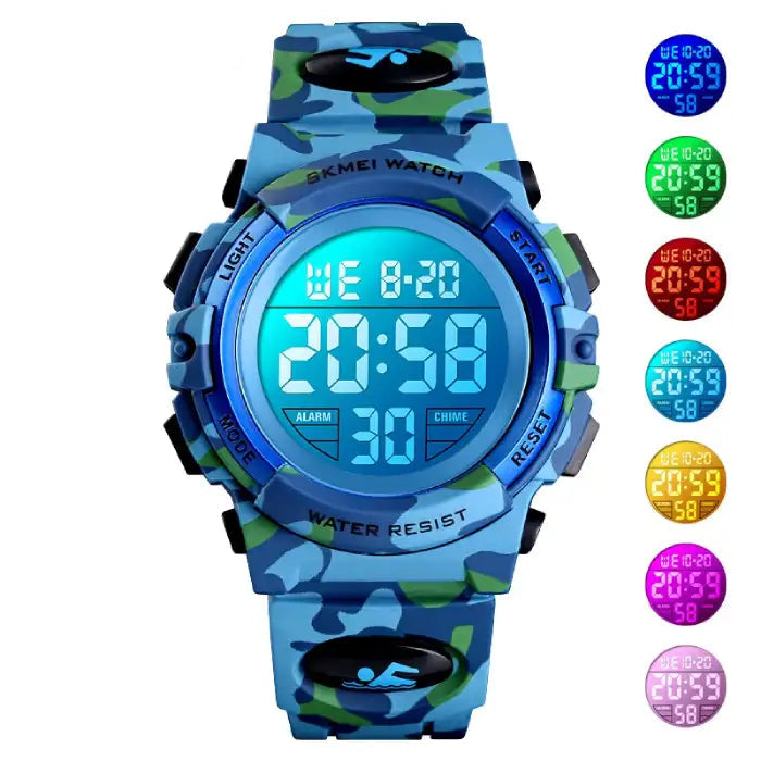 Digital wristwatch with bright blue LED display and camouflage band shown in multiple color options