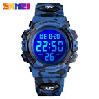 Digital wristwatch with black-blue camouflage and strong blue backlight LED time display