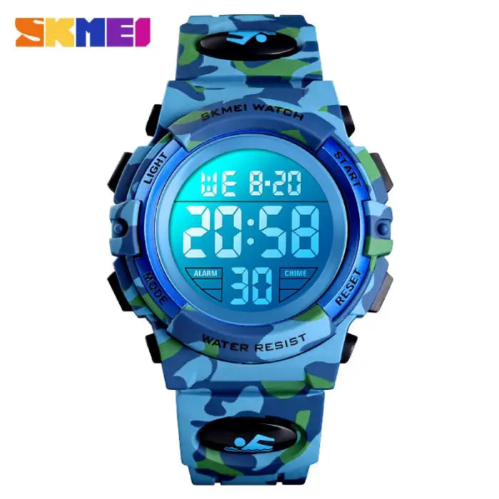 Digital wristwatch full front view showing blue LED screen and camouflage silicone band