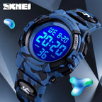Digital wristwatch with dark blue LED in a graphic background and blue camouflage design