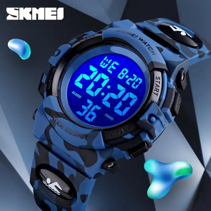 Digital wristwatch with dark blue LED in a graphic background and blue camouflage design