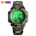 Digital wristwatch in military green camouflage with bright green LED face and rubber band