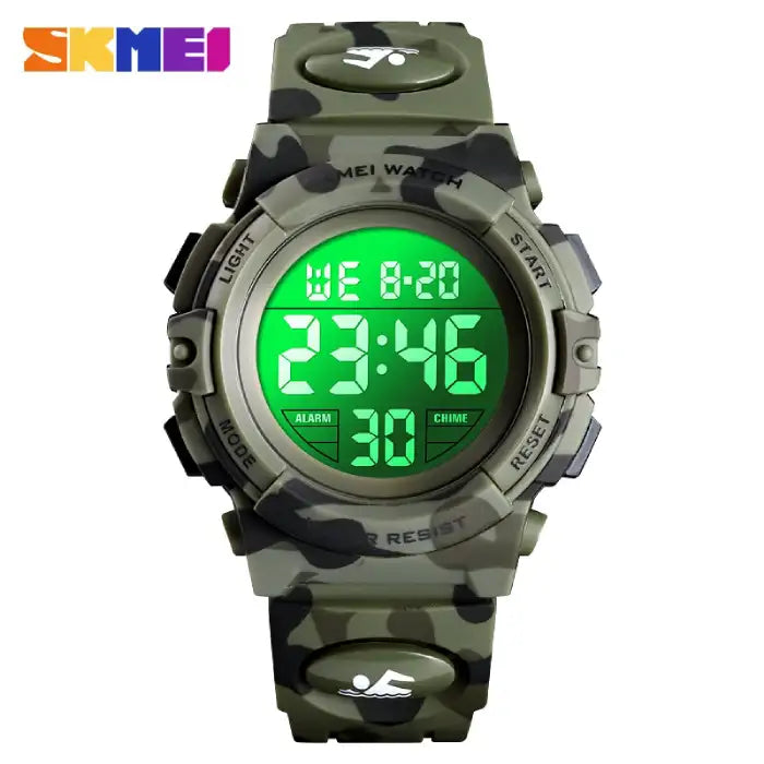 Digital wristwatch in military green camouflage with bright green LED face and rubber band