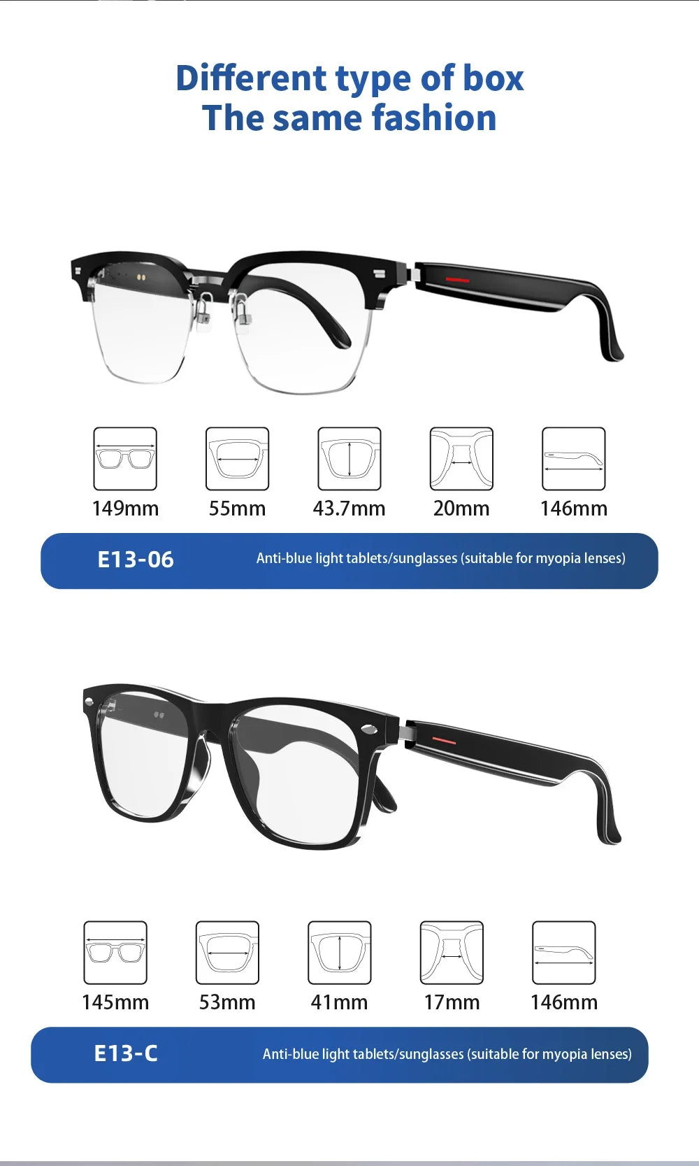 Smart glasses model with detailed dimensions display suitable for myopia lenses.