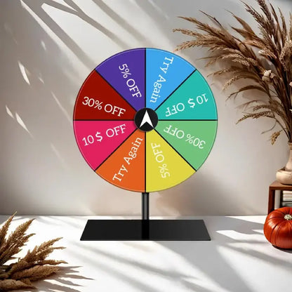 Discount spin wheel showcasing promotions and offers, ideal for retail and promotional events.