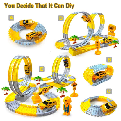 Various DIY designs for a race car loop track set, including loops, circles, and engineering-themed layouts.