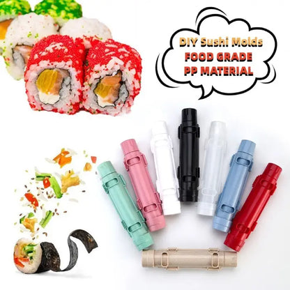 DIY sushi mold set in multiple colors displayed with colorful sushi rolls and food-grade PP material label.