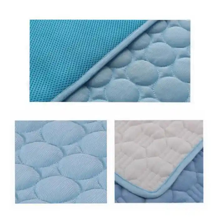 dog cooling mat close-up view showing detailed quilted texture and edge finishing of blue cooling fabric construction