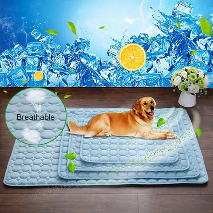 dog cooling mat with blue quilted surface featuring a golden retriever and four benefit callouts: cooling fabric, lightweight, easy clean