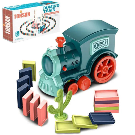 Domino train toy with automatic placement feature, colorful domino pieces, and cactus accessory.