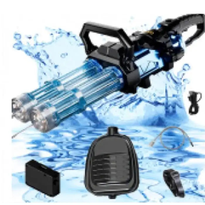 Double Barrel Water Gun with blue water effect and all components shown on splash background