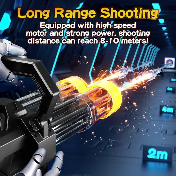 Double Barrel Water Gun shooting 8-10 meters with robotic hand and distance markers in view