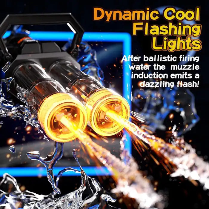 Double Barrel Water Gun firing with bright orange flashing lights and dramatic splash effect