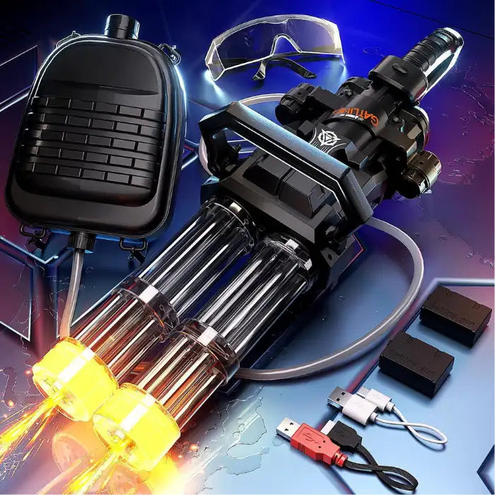 Double Barrel Water Gun with accessories, charging cables, batteries, and safety goggles on tech background