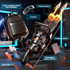 Double Barrel Water Gun with labeled features including rotating barrel, 3000ML tank, and accessories