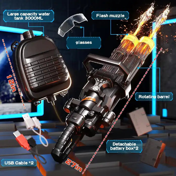 Double Barrel Water Gun with labeled features including rotating barrel, 3000ML tank, and accessories