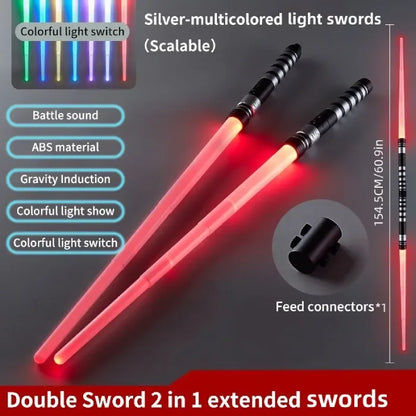 Two red light swords with scalable design and a connector piece for combining, featuring a black handle and colorful lighting options.