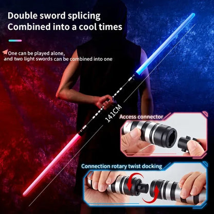 A dual light sword with 141 cm length, featuring seven lighting colors and a dramatic space-themed background.