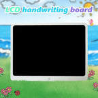 Drawing tablet with blank screen on illustrated grass and ocean background with playful outdoor design.