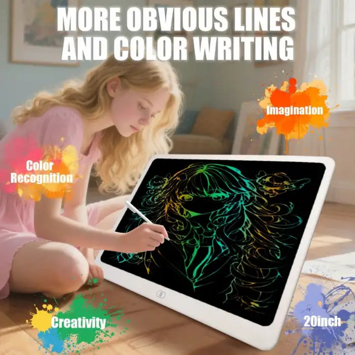 Drawing tablet showing girl sketching colorful anime-style portrait with clear vivid lines.