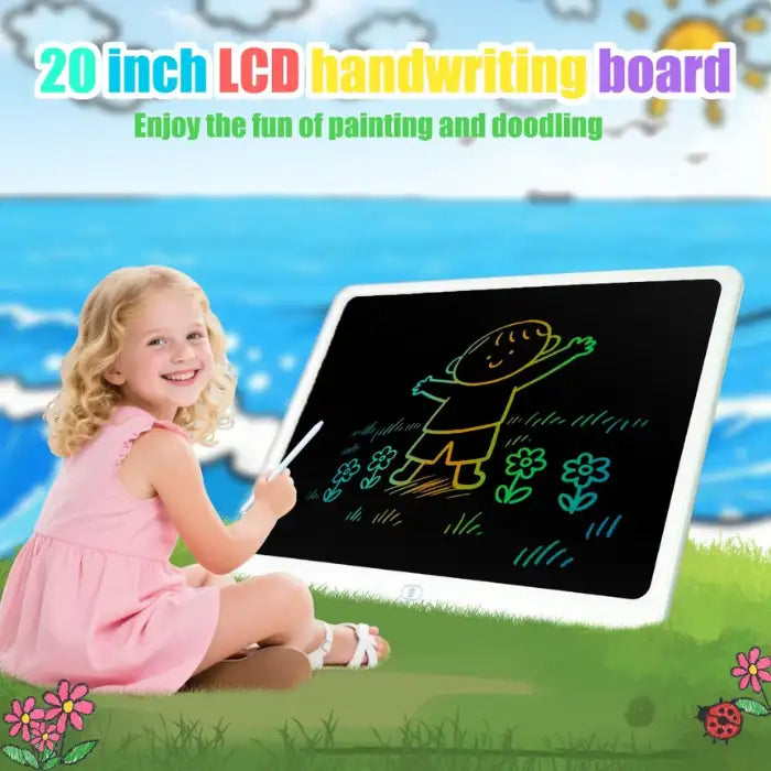 Drawing tablet with child creating colorful artwork on large screen outdoors in a playful beach setting.