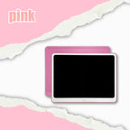Drawing tablet in pink color variant displayed on torn paper design background with front and back views.