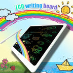 Drawing tablet displaying rainbow theme with space-themed doodles like astronauts and planets.