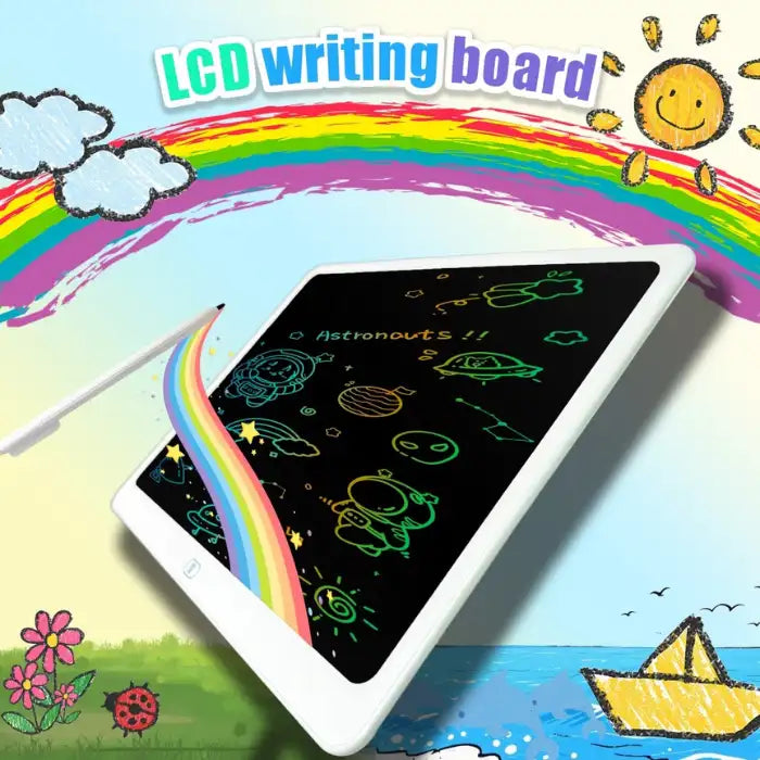 Drawing tablet displaying rainbow theme with space-themed doodles like astronauts and planets.