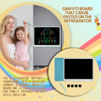 Drawing tablet magnetically attached to fridge, shown with mom and child for creative home use.
