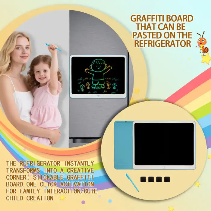 Drawing tablet magnetically attached to fridge, shown with mom and child for creative home use.