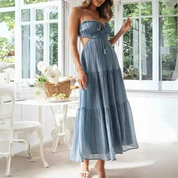  Dress in light blue with front tie, cutout waist, and flowy tiered summer silhouette