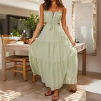  Dress in pale green with drawstring bust, full tiered skirt and gentle romantic styling
