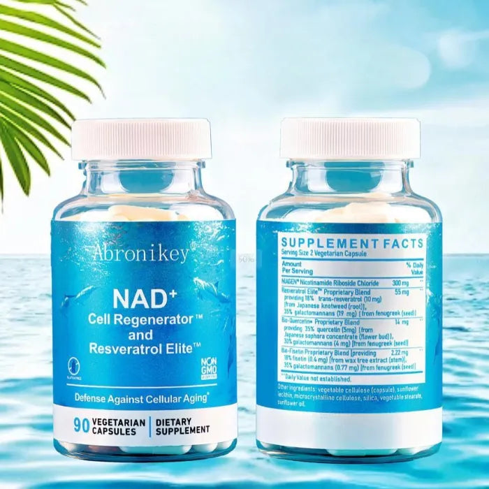 Two bottles of NAD+ and Resveratrol supplement showing front labels and supplement facts.