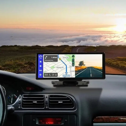 HD dashboard screen with navigation and voice control features.