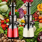Modern slow juicers in red and cream colors displayed with fresh vegetables and fruits for healthy juice extraction
