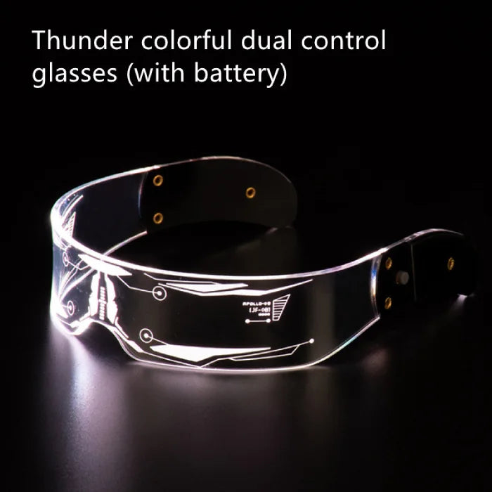 Thunder LED glasses with dual control and a sleek black design, featuring futuristic white glowing lights.