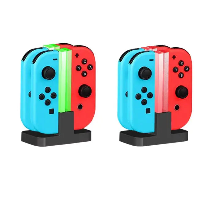 Two charging stations for gaming controllers, each holding two controllers with different colored LED indicators