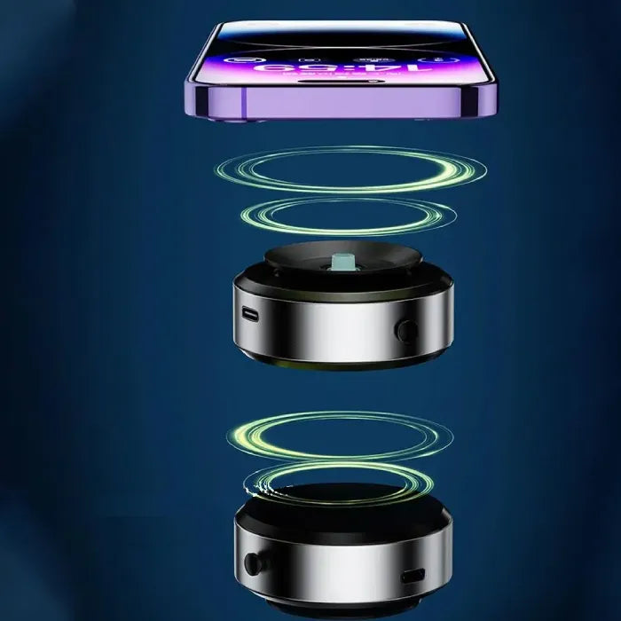 Illustration of silver and black circular mount with suction and magnetic adsorption for smartphones, tablets, mirrors, and screens